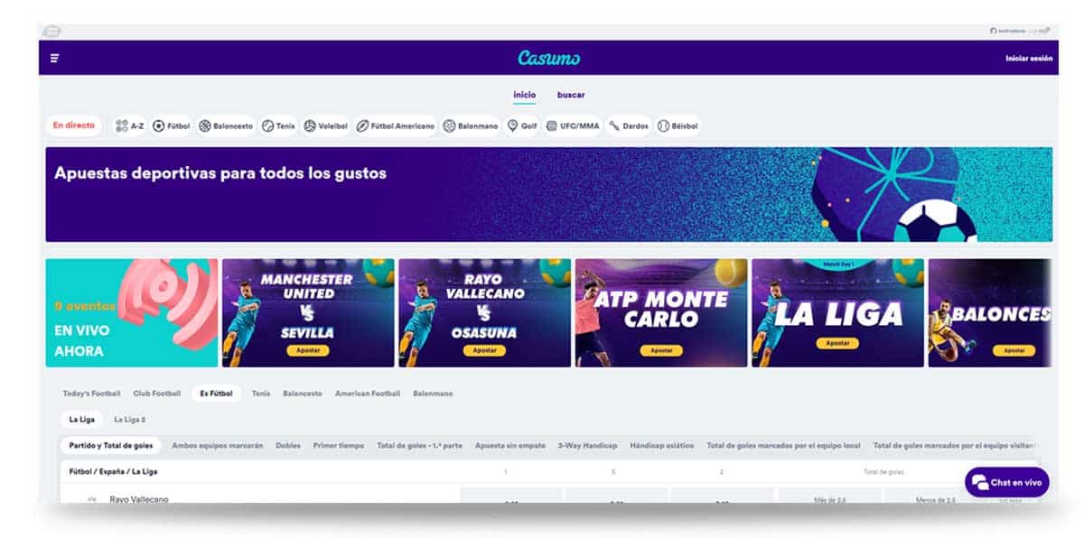Sección de apuestas deportivas de Casumo
