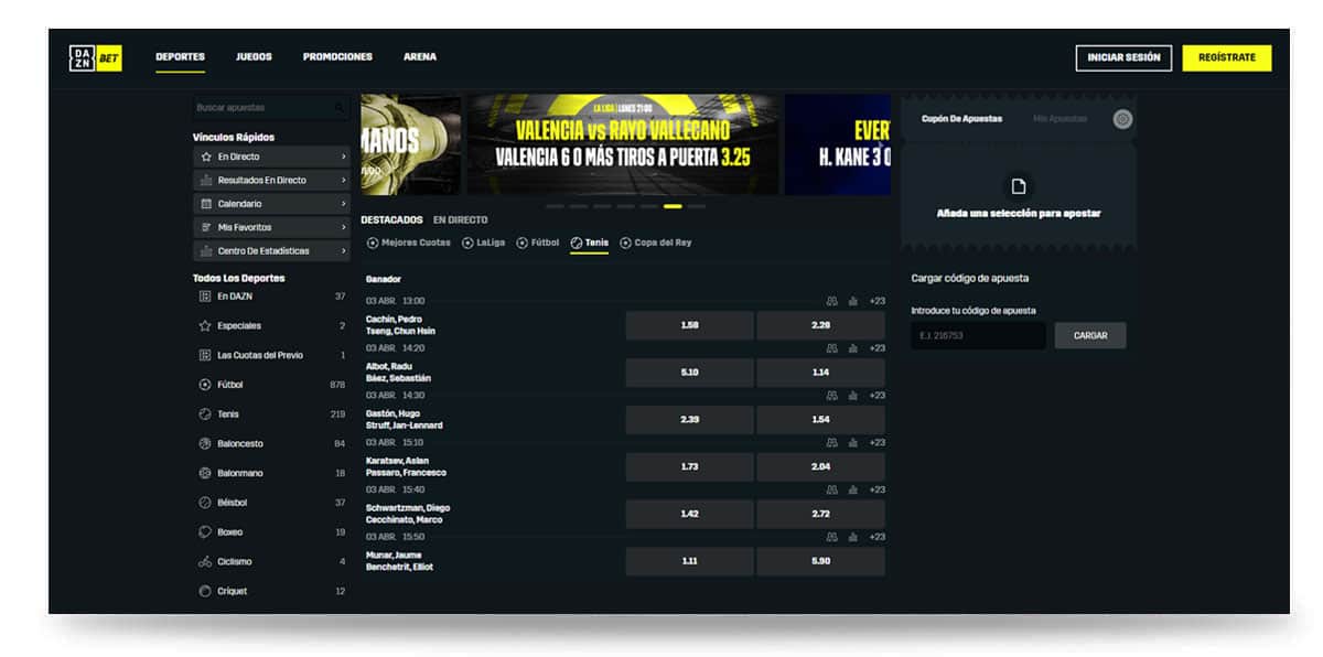 Sección de apuestas deportivas de Daznbet