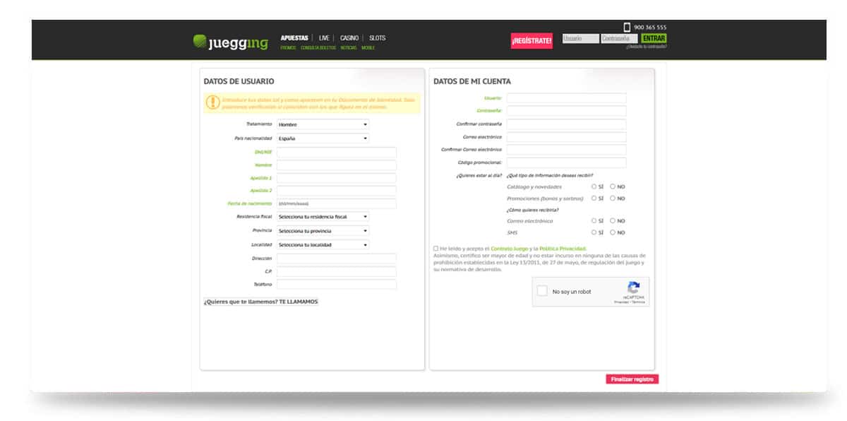 Juegging registro
