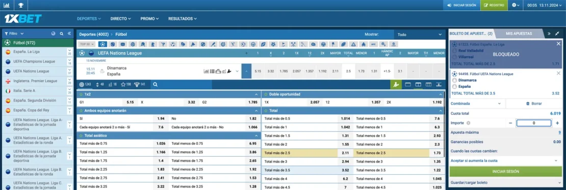 Captura de pantalla: Operador de apuestas 1xbet con el tipo de apuesta Over/Under 3.5